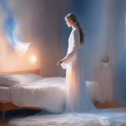 A beautiful glowing figure dressed in white, silver, and blue garments, with a gentle orange aura surrounding them, standing at the foot of a bed
