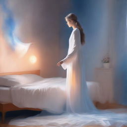 A beautiful glowing figure dressed in white, silver, and blue garments, with a gentle orange aura surrounding them, standing at the foot of a bed