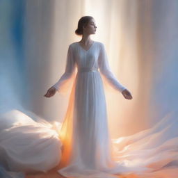 A beautiful glowing figure dressed in white, silver, and blue garments, with a gentle orange aura surrounding them, standing at the foot of a bed