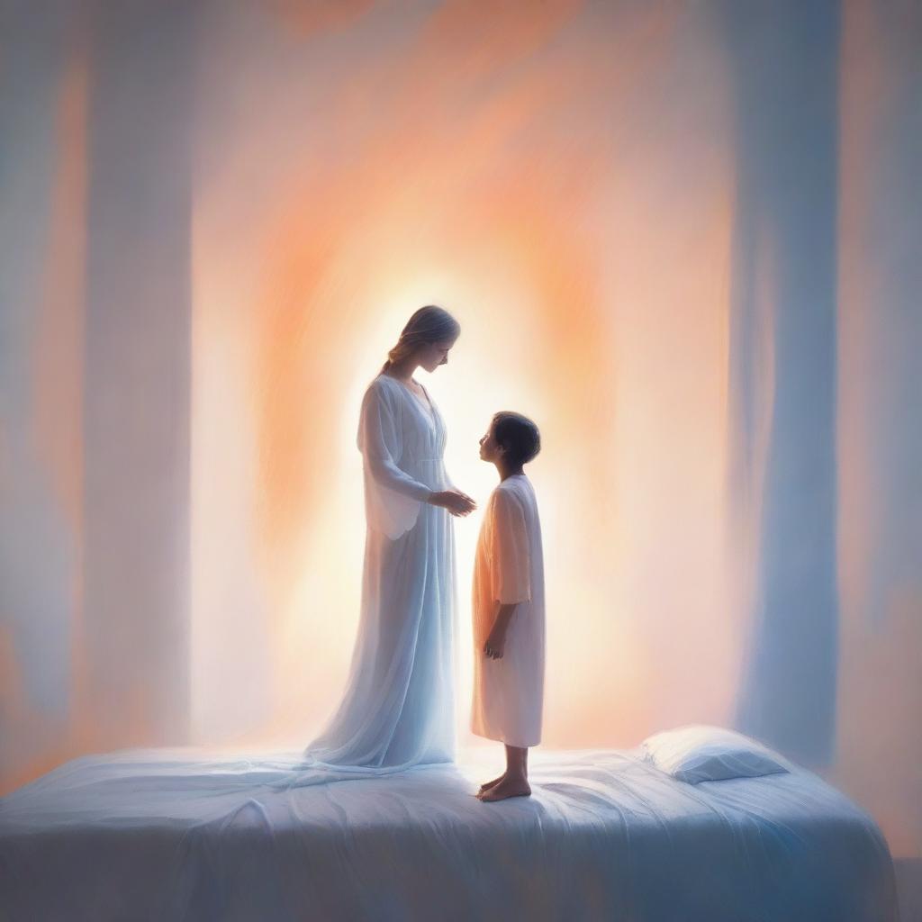 A beautiful glowing figure dressed in white, silver, and blue garments, with a gentle orange aura surrounding them, standing at the foot of a bed