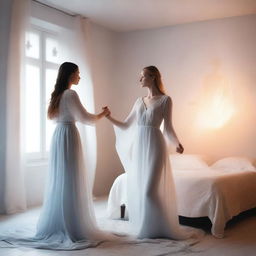 A beautiful glowing figure dressed in white, silver, and blue garments, with a gentle orange aura surrounding them, standing at the foot of a bed