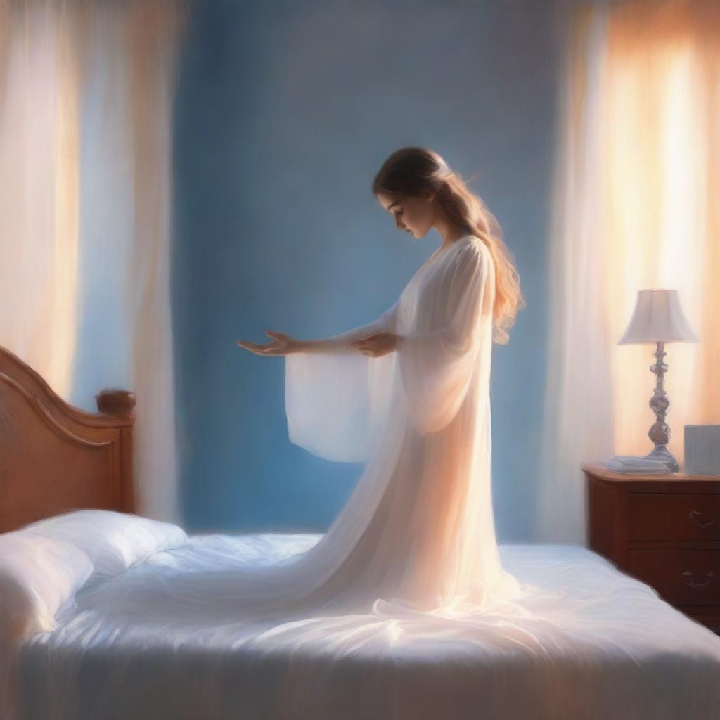 A beautiful glowing figure dressed in white, silver, and blue garments, with a gentle orange aura surrounding them, standing at the foot of a bed