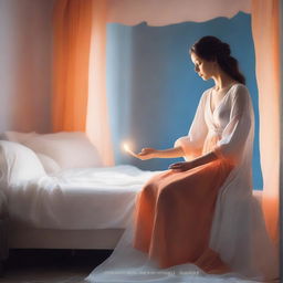 A beautiful glowing figure dressed in white, silver, and blue garments, with a gentle orange aura surrounding them, standing at the foot of a bed