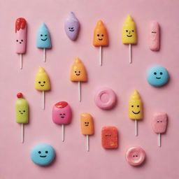 Illustrate a group of anthropomorphic sweets, each designed with vibrant colors and unique features reflecting their candy type, living in a human-like society.