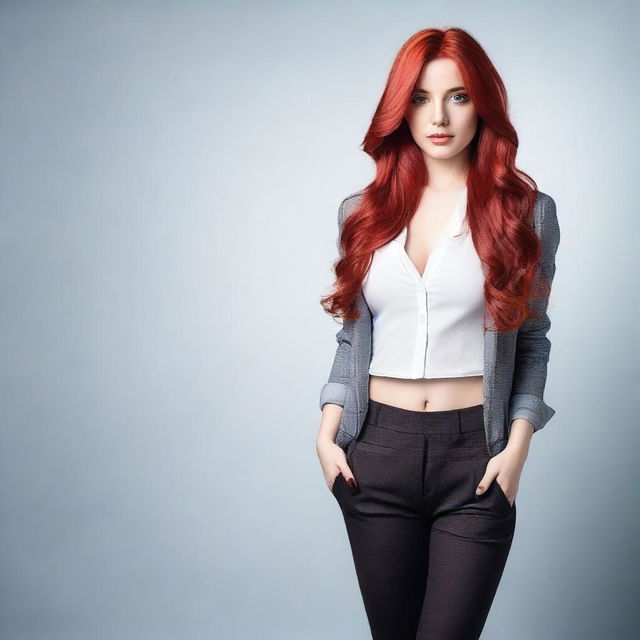 A seductive girl with long red hair, standing confidently