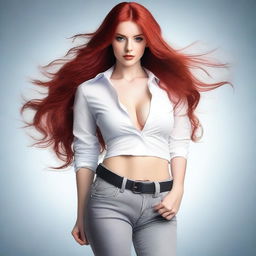 A seductive girl with long red hair, standing confidently