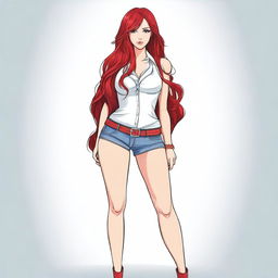 A seductive girl with long red hair, standing confidently