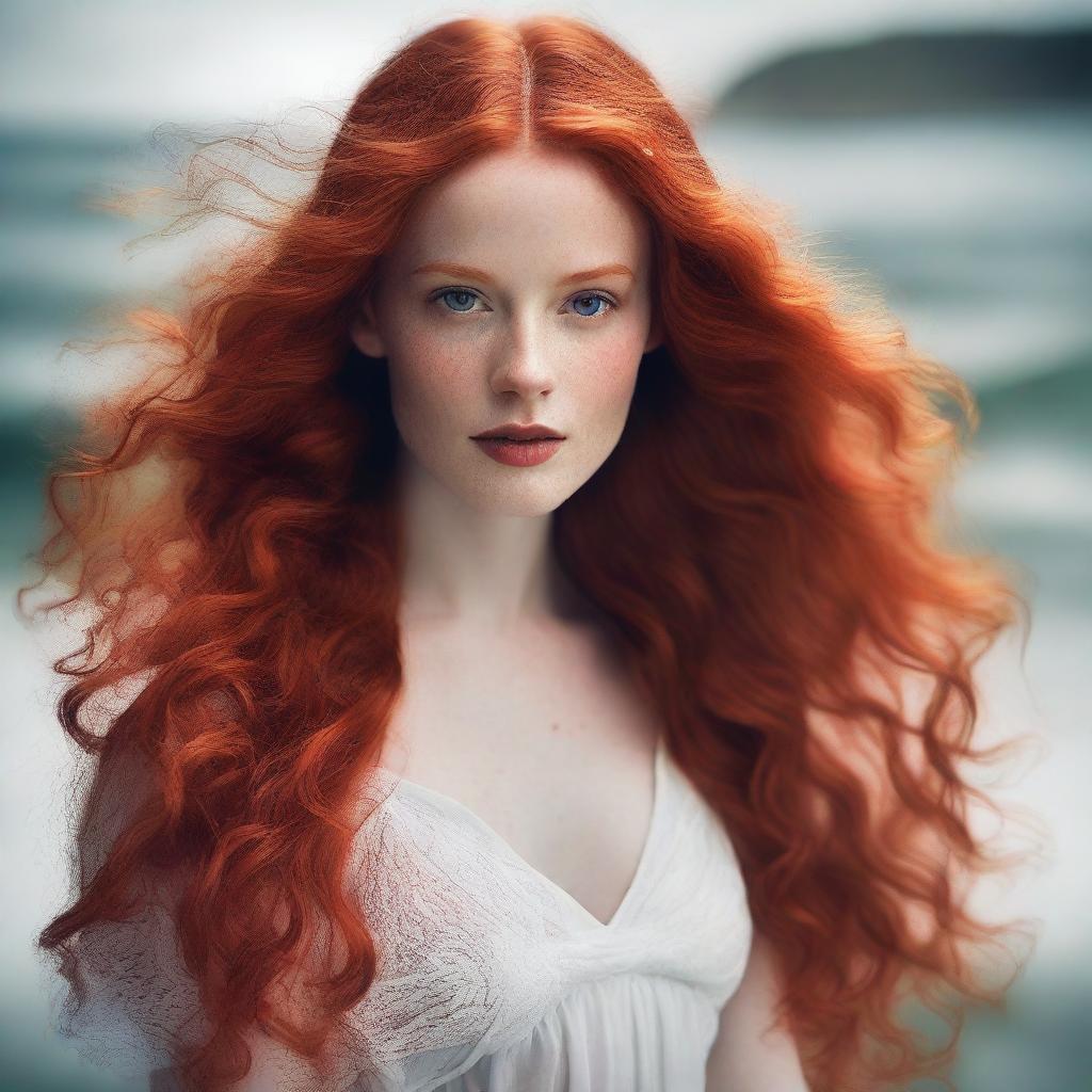 A captivating young woman with very long, flowing red hair