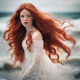 A captivating young woman with very long, flowing red hair