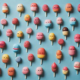 Illustrate a group of anthropomorphic sweets, each designed with vibrant colors and unique features reflecting their candy type, living in a human-like society.