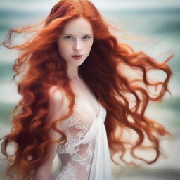 A captivating young woman with very long, flowing red hair