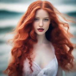 A captivating young woman with very long, flowing red hair