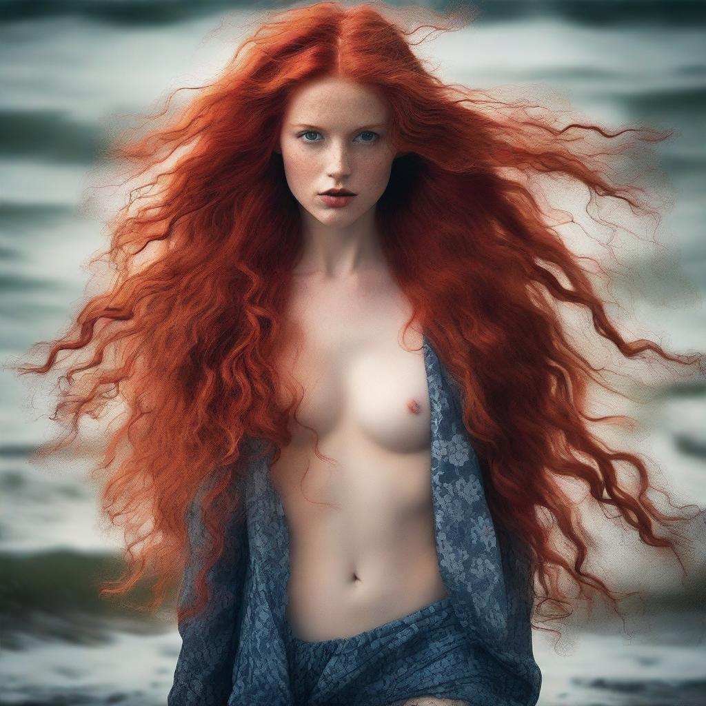 A captivating young woman with very long, flowing red hair, wearing provocative clothing