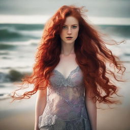 A captivating young woman with very long, flowing red hair, wearing provocative clothing