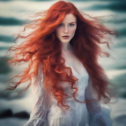 A captivating young woman with very long, flowing red hair, wearing provocative clothing