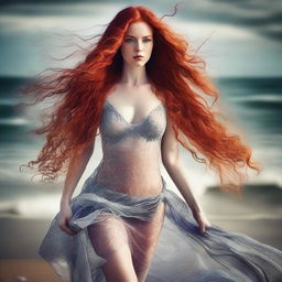 A captivating young woman with very long, flowing red hair, wearing provocative clothing