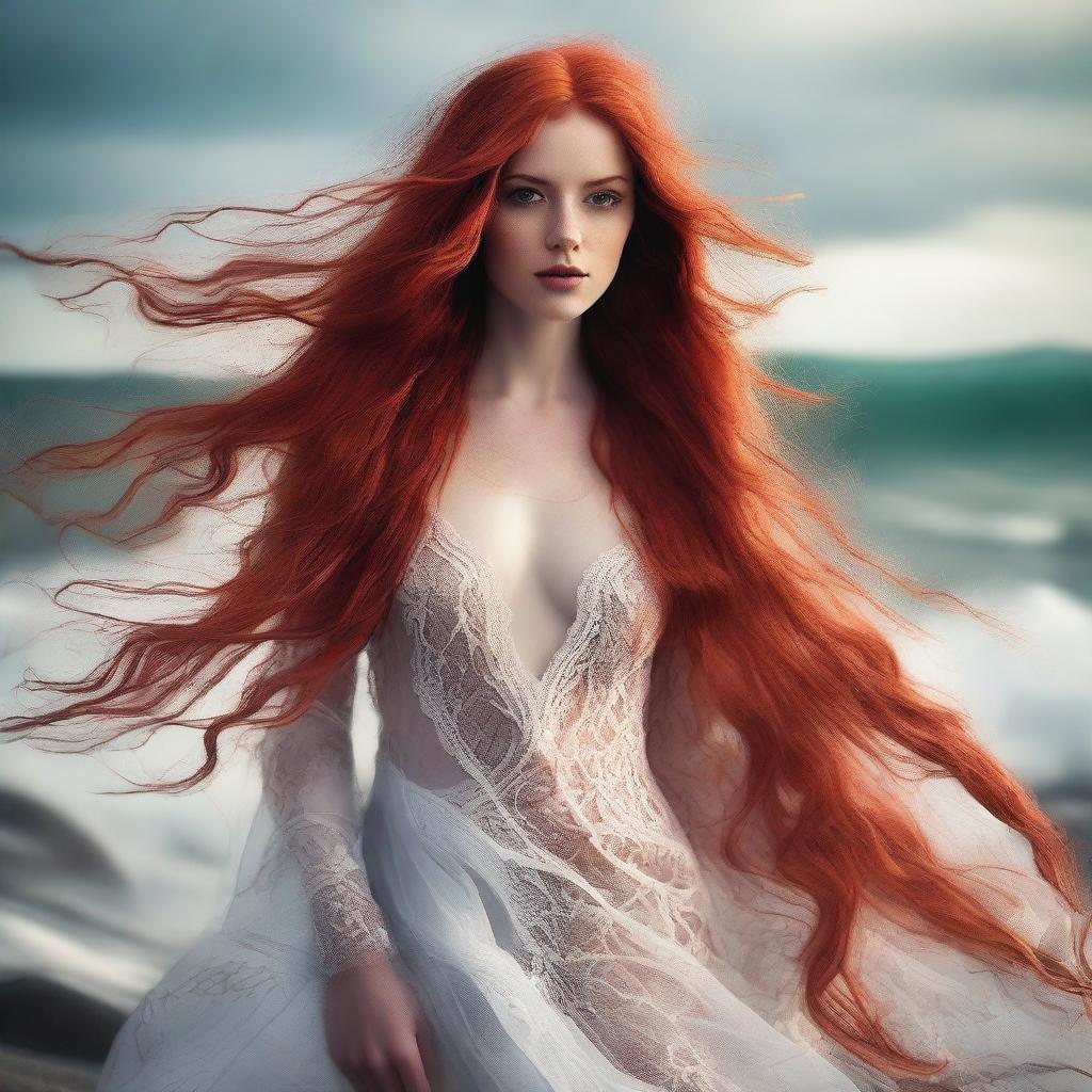 A captivating young woman with very long, flowing red hair, wearing highly provocative clothing