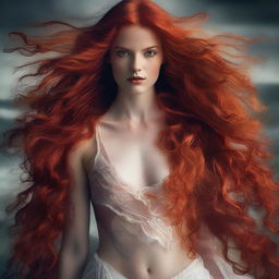 A captivating young woman with very long, flowing red hair, wearing highly provocative clothing