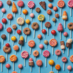 An imaginative artwork depicting various types of sweets such as candies, chocolates, and lollipops personified into whimsical, vibrant human forms.