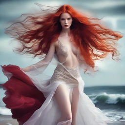 A captivating woman with very long, flowing red hair, wearing highly provocative clothing