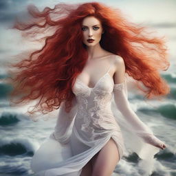 A captivating woman with very long, flowing red hair, wearing highly provocative clothing