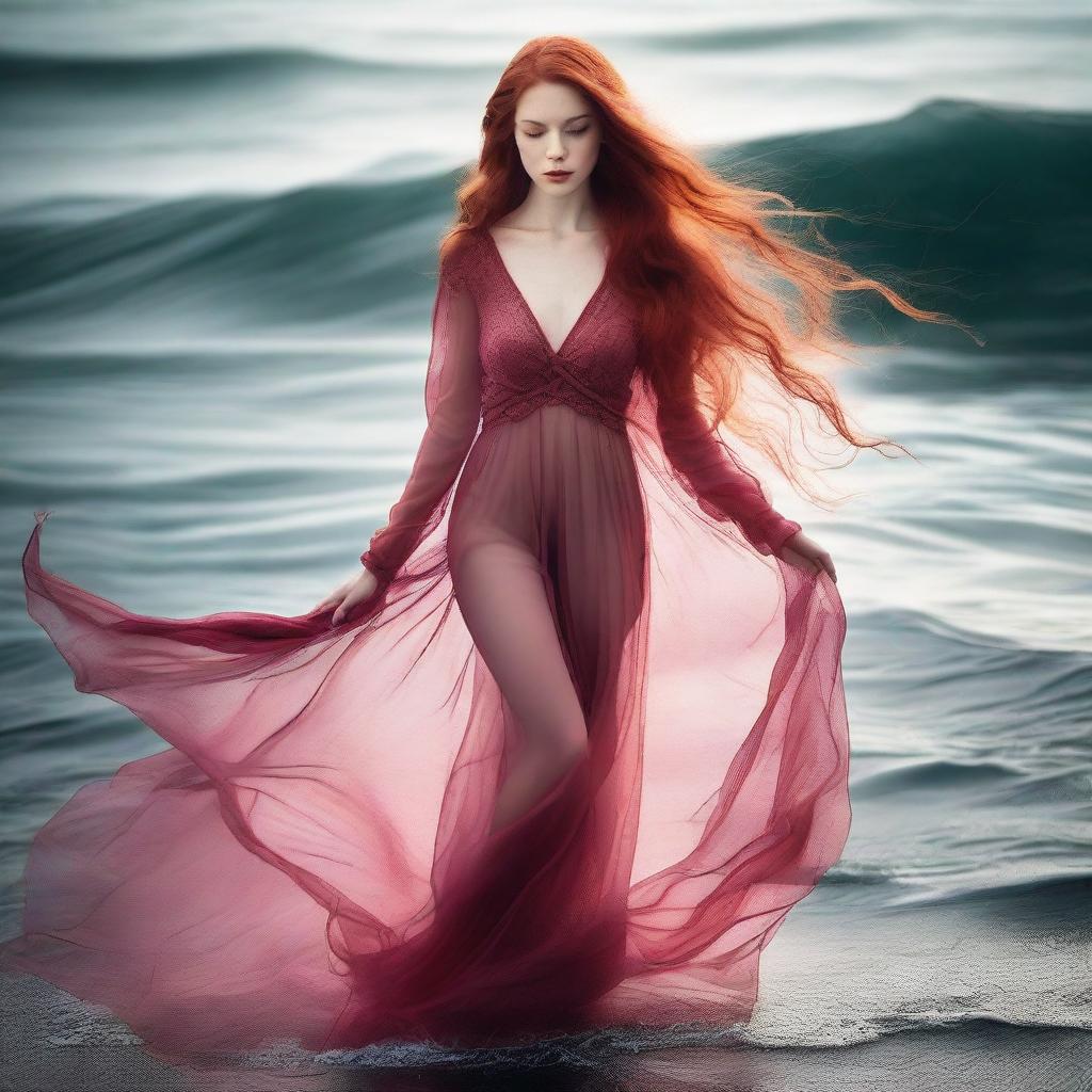 A captivating woman with very long, flowing red hair, wearing sheer, transparent clothing