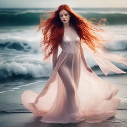 A captivating woman with very long, flowing red hair, wearing sheer, transparent clothing