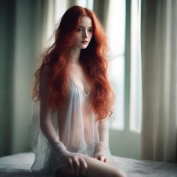 A captivating woman with very long, flowing red hair, wearing sheer, transparent clothing, inside her room