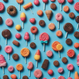 An imaginative artwork depicting various types of sweets such as candies, chocolates, and lollipops personified into whimsical, vibrant human forms.