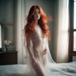 A captivating woman with very long, flowing red hair, wearing sheer, transparent clothing, inside her room