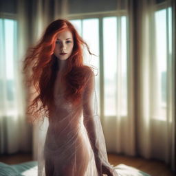 A captivating woman with very long, flowing red hair, wearing sheer, transparent clothing inside her room