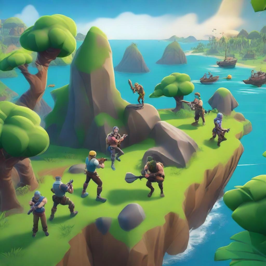 A vibrant and action-packed Fortnite cover featuring characters mining on a lush island