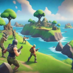 A vibrant and action-packed Fortnite cover featuring characters mining on a lush island