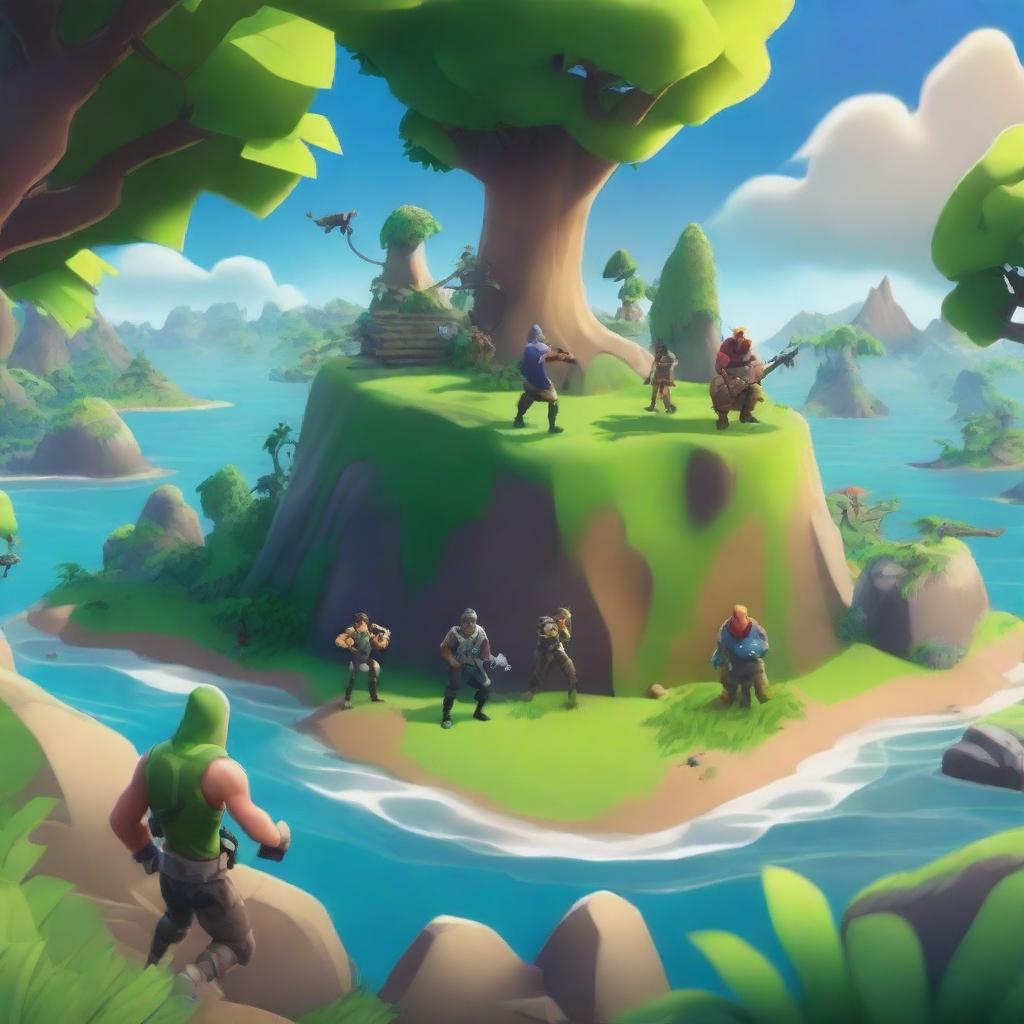 A vibrant and action-packed Fortnite cover featuring characters mining on a lush island