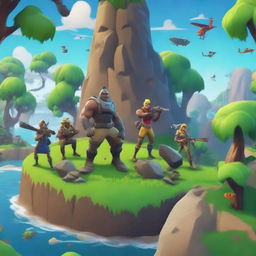 A vibrant and action-packed Fortnite cover featuring characters mining on a lush island