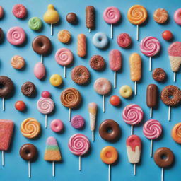 An imaginative artwork depicting various types of sweets such as candies, chocolates, and lollipops personified into whimsical, vibrant human forms.