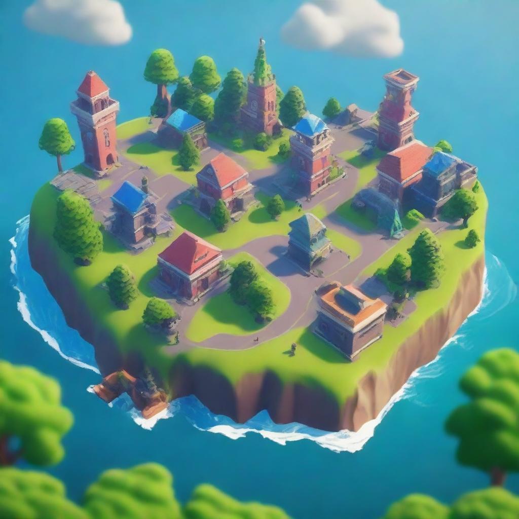 Create a beautiful island in the middle of a city, surrounded by the ocean, in the style of Fortnite