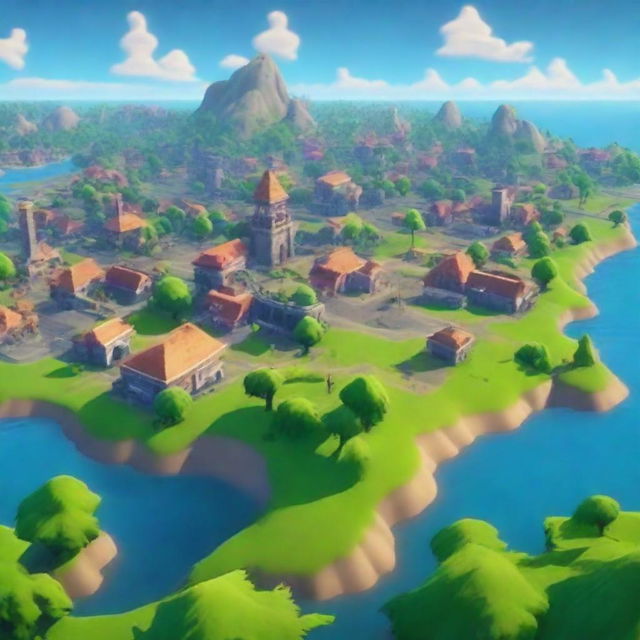 Create a beautiful island in the middle of a city, surrounded by the ocean, in the style of Fortnite