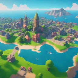 Create a beautiful island in the middle of a city, surrounded by the ocean, in the style of Fortnite