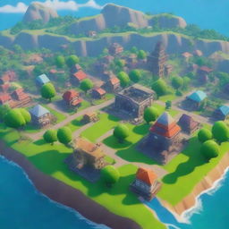 Create a beautiful island in the middle of a city, surrounded by the ocean, in the style of Fortnite