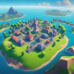 Create a beautiful island in the middle of a city, surrounded by the ocean, in the style of Fortnite