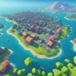 Create a beautiful island in the middle of a city, surrounded by the ocean, in the style of Fortnite