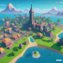 Create a beautiful island in the middle of a city, surrounded by the ocean, in the style of Fortnite