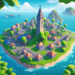 Create a beautiful island in the middle of a city, surrounded by the ocean, in the style of Fortnite