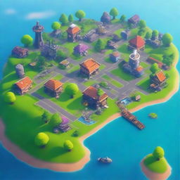 Create a beautiful island in the middle of a city, surrounded by the ocean, in the style of Fortnite