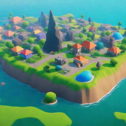 Create a beautiful island in the middle of a city, surrounded by the ocean, in the style of Fortnite