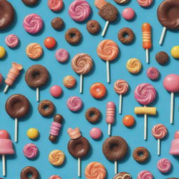 An imaginative artwork depicting various types of sweets such as candies, chocolates, and lollipops personified into whimsical, vibrant human forms.