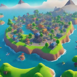 Create a beautiful island in the middle of a city, surrounded by the ocean, in the style of Fortnite