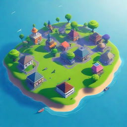 Create a beautiful island in the middle of a city, surrounded by the ocean, in the style of Fortnite