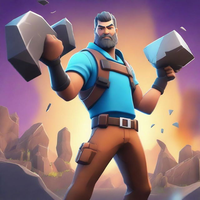 A Fortnite-style character mining ore with a pickaxe in hand